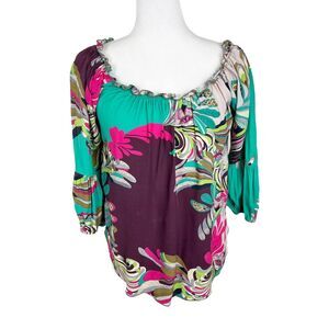 Loco Lindo Blouse Women Small Green Purple Retro Quarter Sleeve Boho Peasant Top
